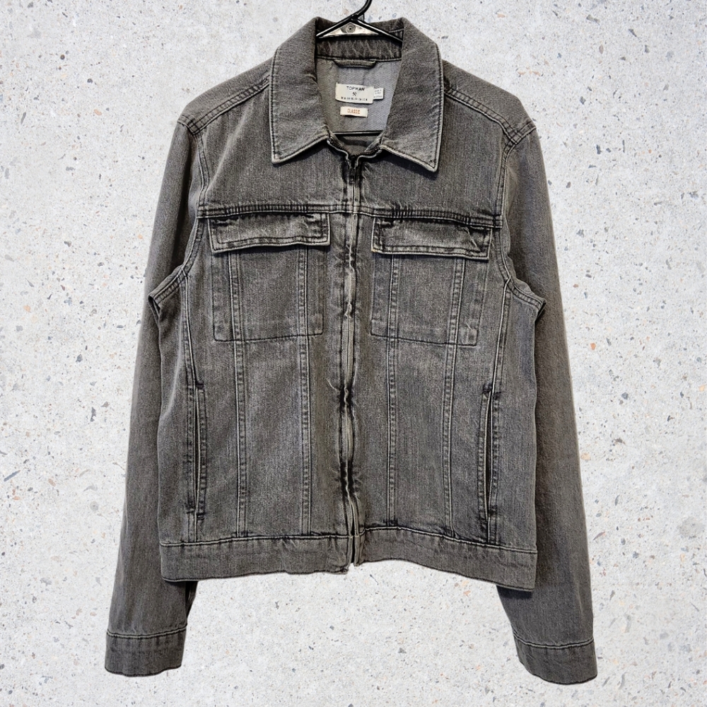 Topman Classic Trucker Jean Jacket Zip Up Gray Size Medium
